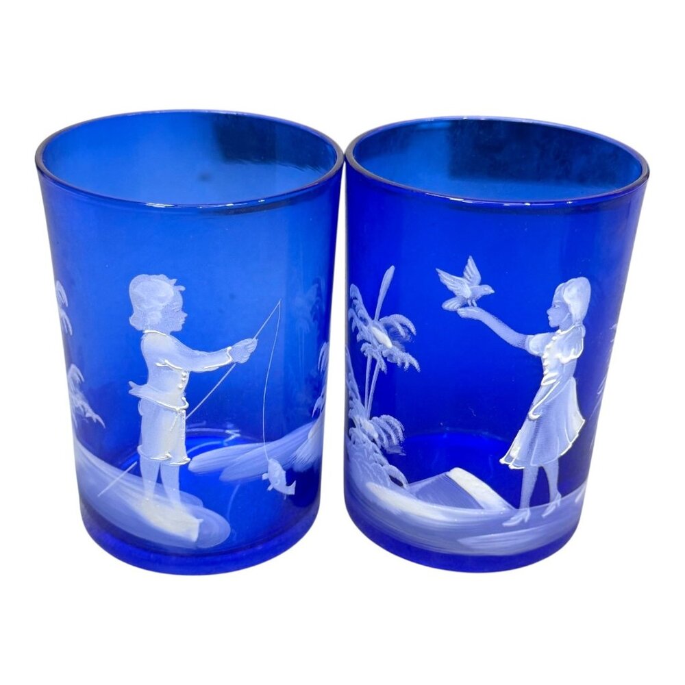 Fenton Mary Gregory Vintage Cobalt Blue Glass Tumblers Etched Boy & Girl Scene
